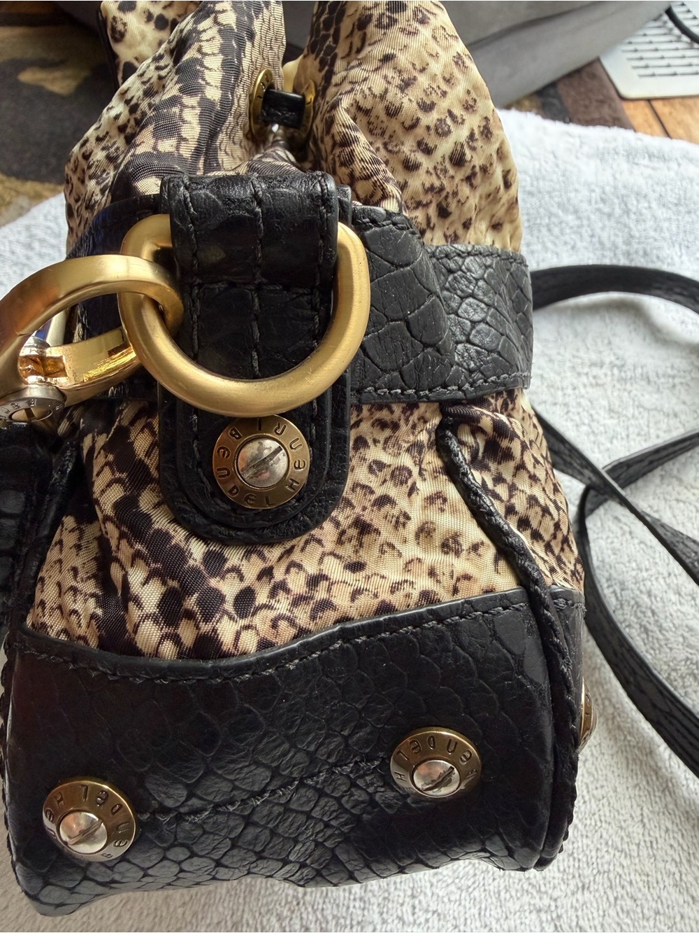 Vintage Henri Bendel Snake-Print Drawstring Crossbody Bag - Black & Beige - Picture 6 of 13